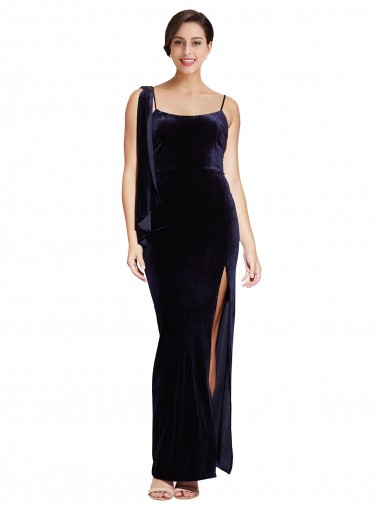 Meilleures Bleu marine foncé Fourreau Bretelles spaghetti Col Carré Velours Stretch Longue Formelles Robes demoiselle d'honneur / Robes de soirée / Robes de bal