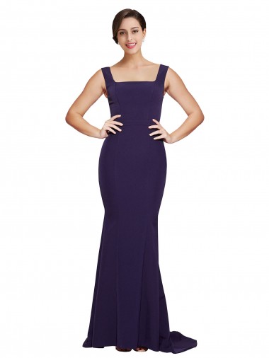 Meilleures Bleu marine foncé Fourreau Col Carré Balayage train Crêpe Stretch Longue Robes demoiselle d'honneur / Robes de bal