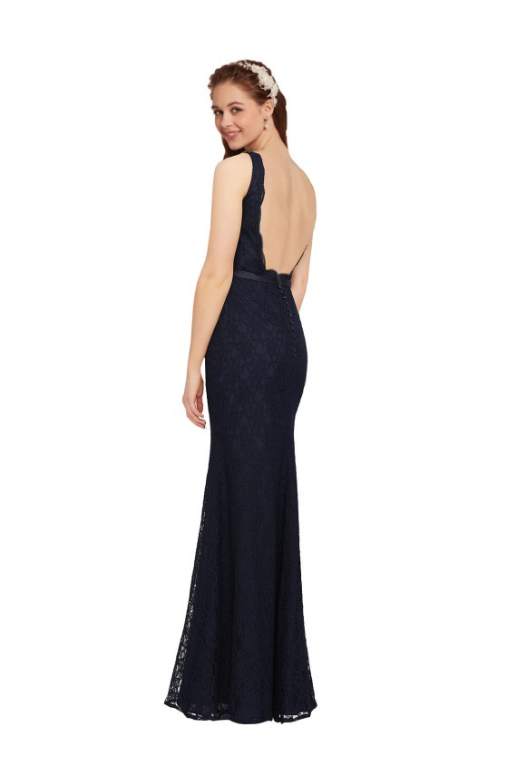Meilleures Bleu marine foncé Fourreau Col V Dentelle Longue Robes demoiselle d'honneur