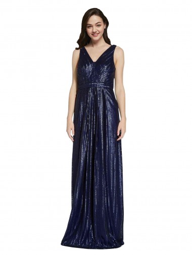 Meilleures Bleu marine foncé Fourreau Col V Paillette Longue Formelles Robes demoiselle d'honneur / Robes de soirée / Robes de bal