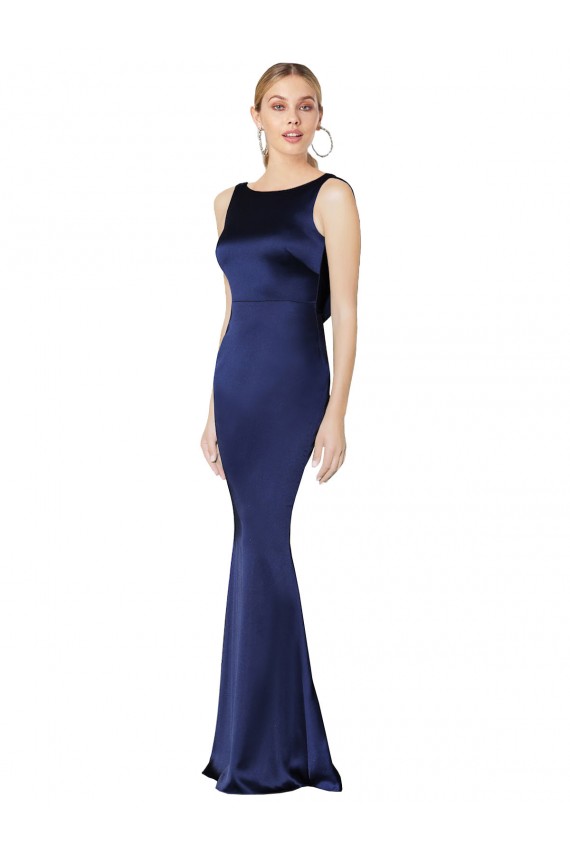 Meilleures Bleu marine foncé Fourreau Licou Col Haut Satiné Stretch Longue Formelles Robes demoiselle d'honneur / Robes de soirée / Robes de bal