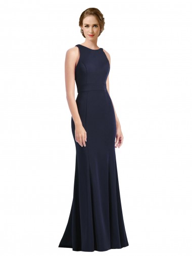 Meilleures Bleu marine foncé Fourreau Scoop Col Haut Crêpe Stretch Longue Robes demoiselle d'honneur / Robes de bal