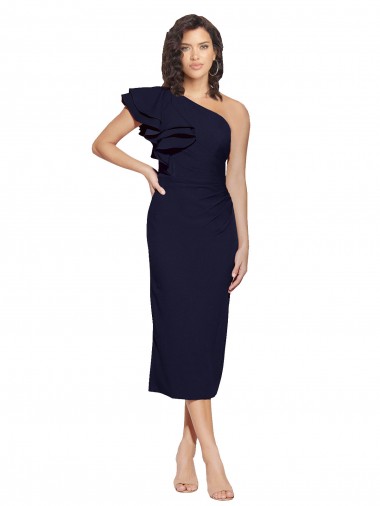Meilleures Bleu marine foncé Fourreau midi Crêpe Stretch Courte Robes demoiselle d'honneur / Robes de soirée / Robes de cocktail
