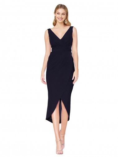 Meilleures Bleu marine foncé Sirène Col V Crêpe Stretch Courte Asymétrique Robes demoiselle d'honneur / Robes de soirée / Robes de cocktail