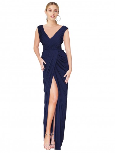 Meilleures Bleu marine foncé Sirène Col V Mousseline Longue Formelles Robes demoiselle d'honneur / Robes de soirée / Robes de bal