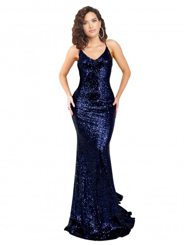 Meilleures Bleu marine foncé Sirène Col V Paillette Longue Formelles Robes demoiselle d'honneur / Robes de soirée / Robes de bal