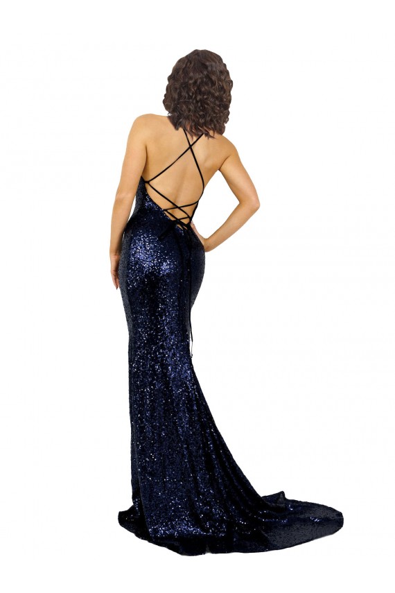 Meilleures Bleu marine foncé Sirène Col V Paillette Longue Formelles Robes demoiselle d'honneur / Robes de soirée / Robes de bal