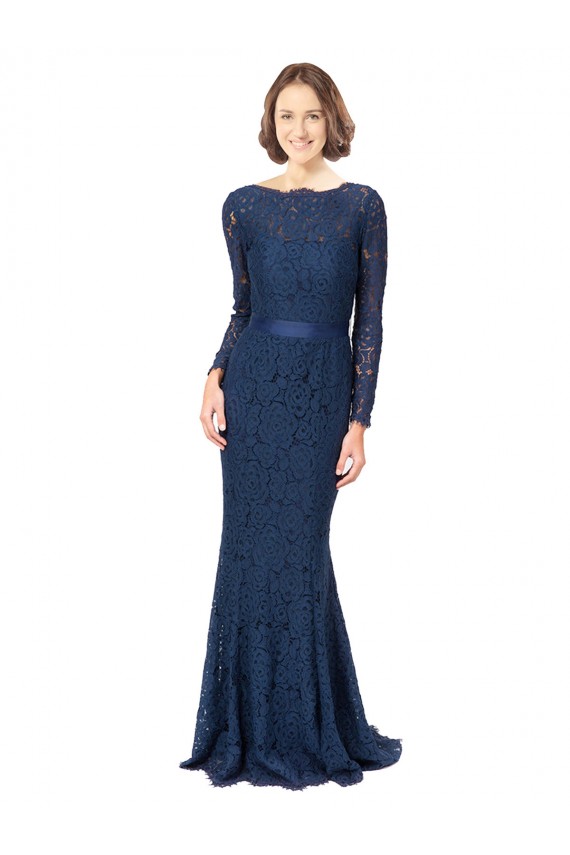 Meilleures Bleu marine foncé Sirène Col bijou Balayage train Dentelle Longue Robes demoiselle d'honneur