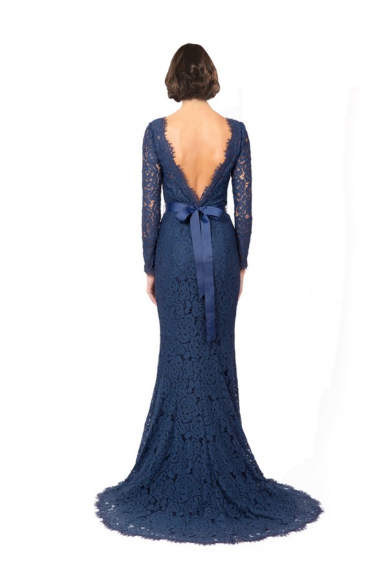 Meilleures Bleu marine foncé Sirène Col bijou Balayage train Dentelle Longue Robes demoiselle d'honneur