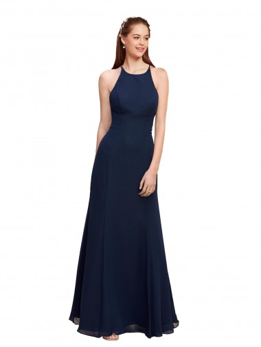 Meilleures Bleu marine foncé Sirène Licou Col Haut Mousseline Longue Robes demoiselle d'honneur / Robes de bal
