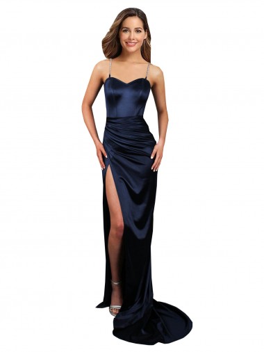 Meilleures Bleu marine foncé Sirène Satiné Stretch Longue Formelles Robes demoiselle d'honneur / Robes de soirée / Robes de bal