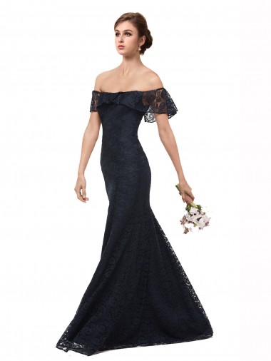 Meilleures Bleu marine foncé Sirène Épaule Dénudée Dentelle Longue Robes demoiselle d'honneur / Robes de bal