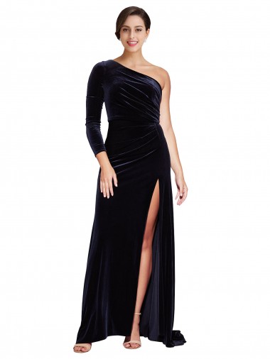Meilleures Bleu marine foncé Trapèze Balayage train Velours Stretch Longue Formelles Robes demoiselle d'honneur / Robes de soirée / Robes de bal