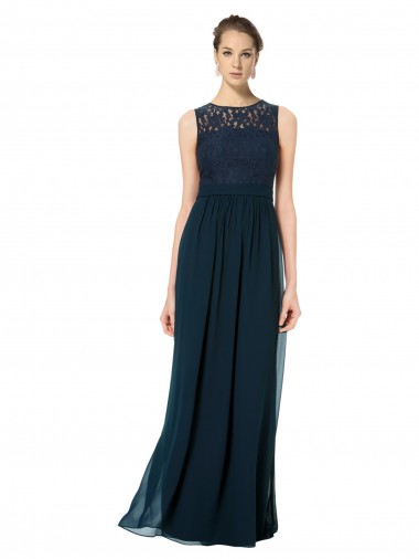 Meilleures Bleu marine foncé Trapèze Bateau Illusion Mousseline Dentelle Longue Robes demoiselle d'honneur