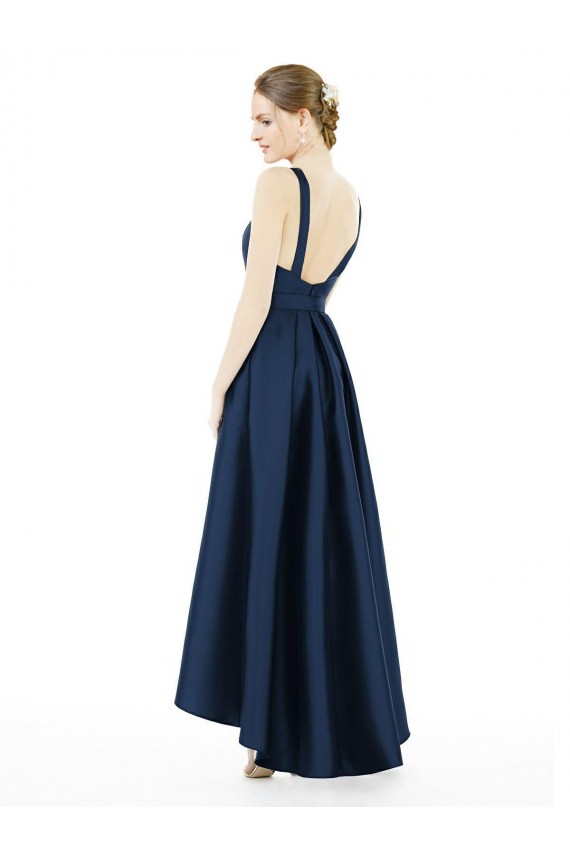 Meilleures Bleu marine foncé Trapèze Bateau Satiné Longue Asymétrique Robes demoiselle d'honneur