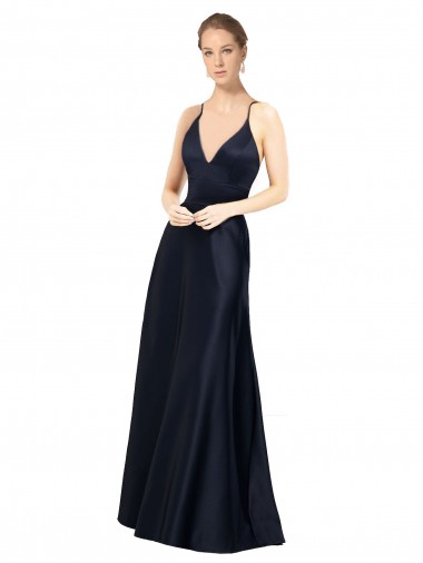 Meilleures Bleu marine foncé Trapèze Bretelles spaghetti Col V Satiné Longue Robes demoiselle d'honneur / Robes de bal