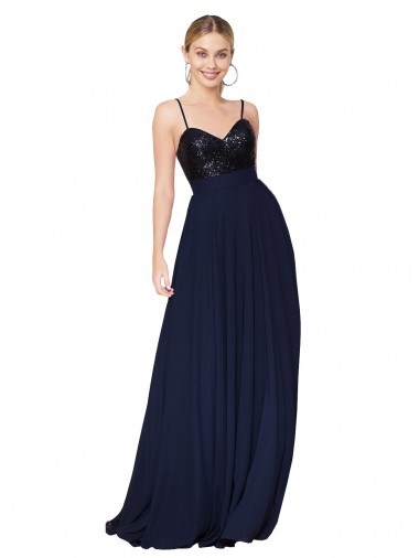 Meilleures Bleu marine foncé Trapèze Bretelles spaghetti Mousseline Paillette Longue Robes demoiselle d'honneur / Robes de bal