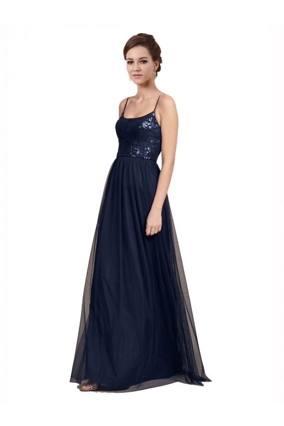 Meilleures Bleu marine foncé Trapèze Bretelles spaghetti Tulle Dentelle Longue Robes demoiselle d'honneur