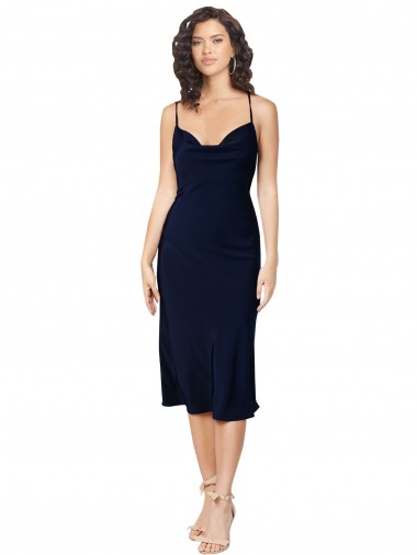 Meilleures Bleu marine foncé Trapèze Bretelles spaghetti midi Satiné Soyeux Courte Robes demoiselle d'honneur / Robes de soirée / Robes de cocktail