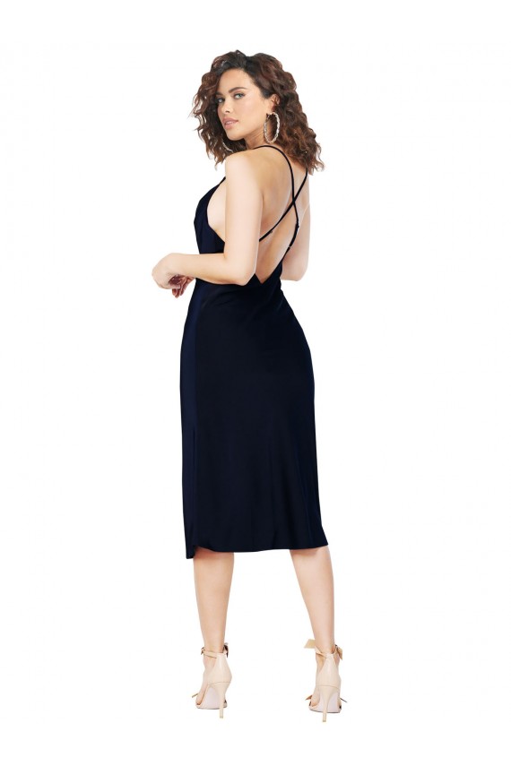 Meilleures Bleu marine foncé Trapèze Bretelles spaghetti midi Satiné Soyeux Courte Robes demoiselle d'honneur / Robes de soirée / Robes de cocktail