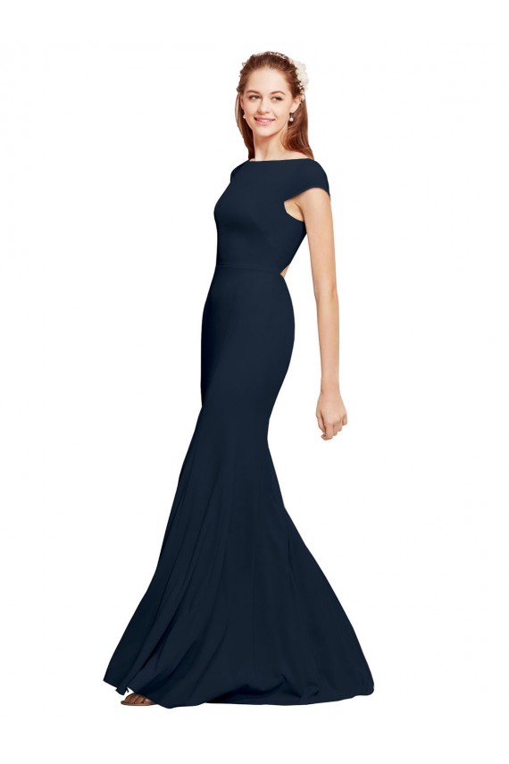 Meilleures Bleu marine foncé Trapèze Col Bateau Crêpe Stretch Longue Formelles Robes demoiselle d'honneur / Robes de soirée / Robes de bal