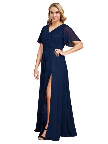 Meilleures Bleu marine foncé Trapèze Col V Mousseline Longue Formelles Robes demoiselle d'honneur / Robes de soirée / Robes de bal