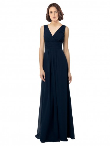 Meilleures Bleu marine foncé Trapèze Col V Mousseline Longue Robes demoiselle d'honneur