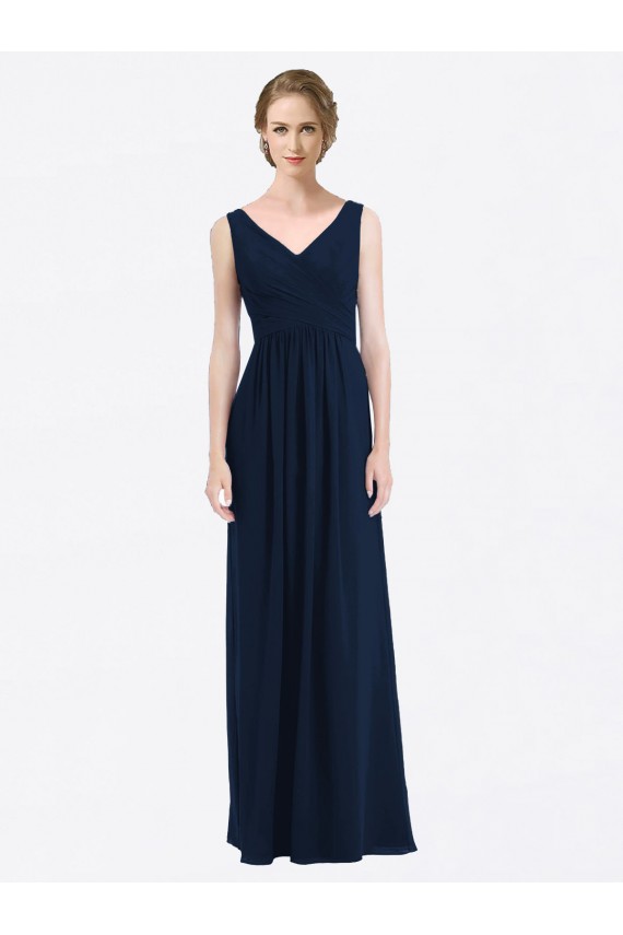 Meilleures Bleu marine foncé Trapèze Col V Mousseline Longue Robes demoiselle d'honneur