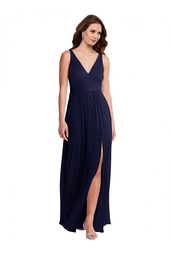 Meilleures Bleu marine foncé Trapèze Col V Mousseline Longue Robes demoiselle d'honneur