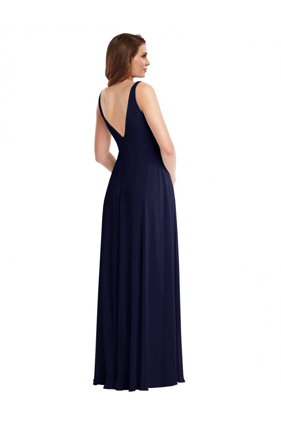 Meilleures Bleu marine foncé Trapèze Col V Mousseline Longue Robes demoiselle d'honneur