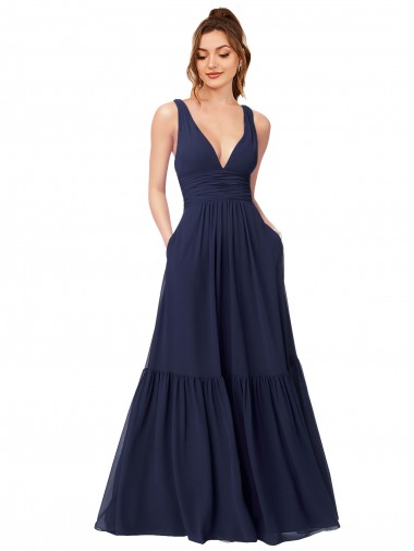 Meilleures Bleu marine foncé Trapèze Col V Mousseline Longue Robes demoiselle d'honneur