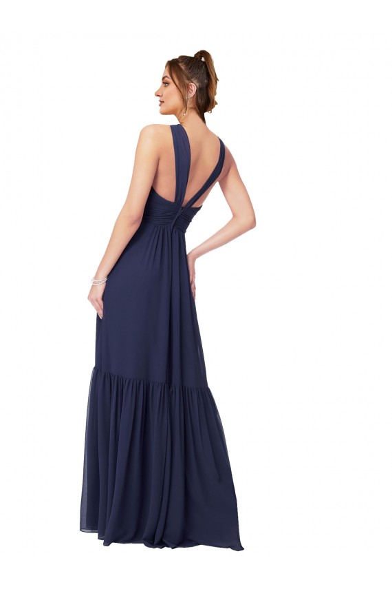 Meilleures Bleu marine foncé Trapèze Col V Mousseline Longue Robes demoiselle d'honneur