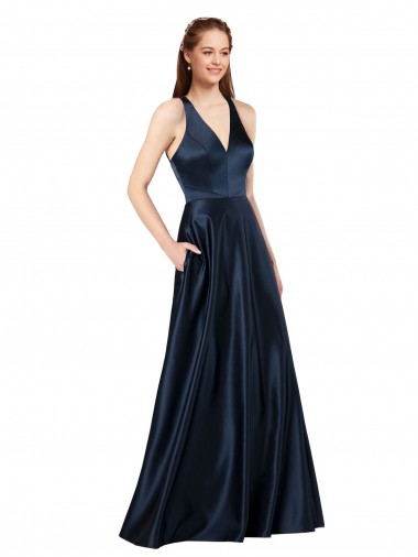 Meilleures Bleu marine foncé Trapèze Col V Satiné Longue Formelles Robes demoiselle d'honneur / Robes de soirée / Robes de bal