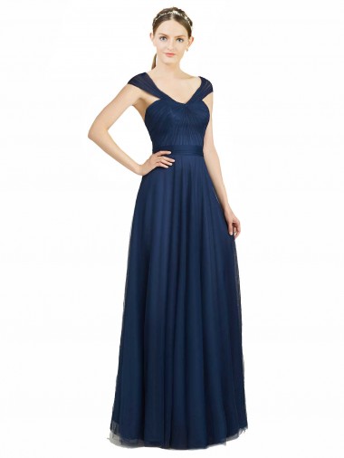 Meilleures Bleu marine foncé Trapèze Col V Tulle Longue Robes demoiselle d'honneur