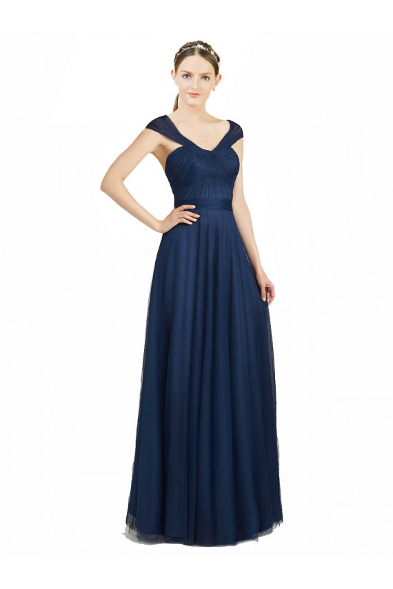 Meilleures Bleu marine foncé Trapèze Col V Tulle Longue Robes demoiselle d'honneur