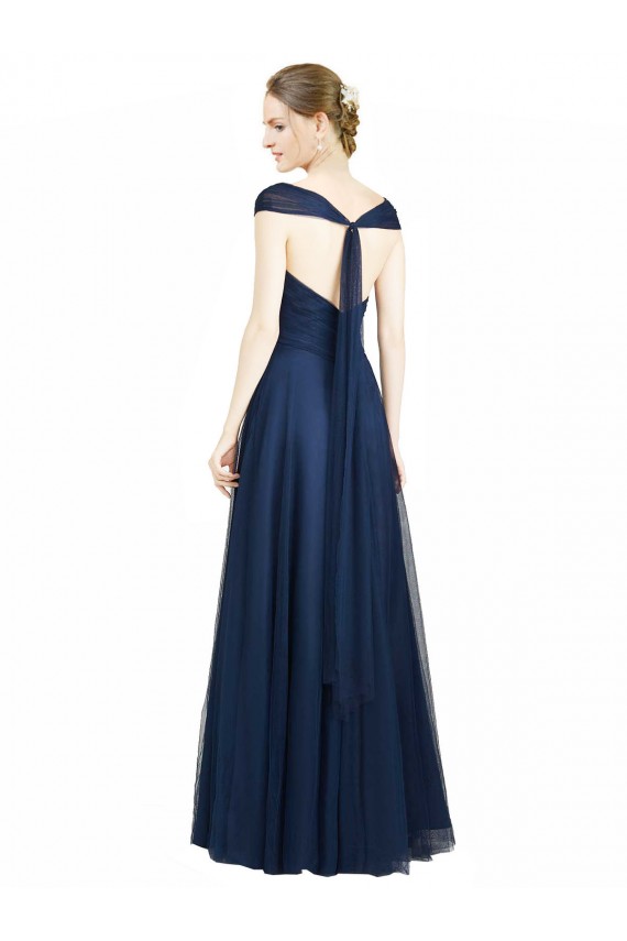Meilleures Bleu marine foncé Trapèze Col V Tulle Longue Robes demoiselle d'honneur