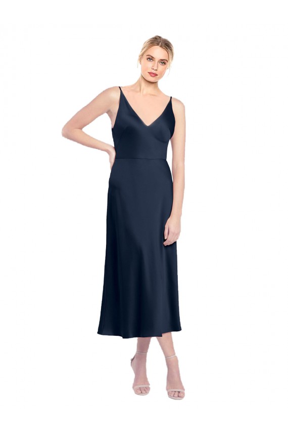Meilleures Bleu marine foncé Trapèze Col V midi Satiné Stretch Courte Robes demoiselle d'honneur / Robes de soirée / Robes de cocktail