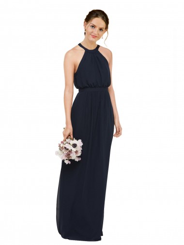 Meilleures Bleu marine foncé Trapèze Licou Col Haut Mousseline Longue Robes demoiselle d'honneur