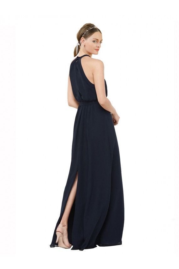 Meilleures Bleu marine foncé Trapèze Licou Col Haut Mousseline Longue Robes demoiselle d'honneur