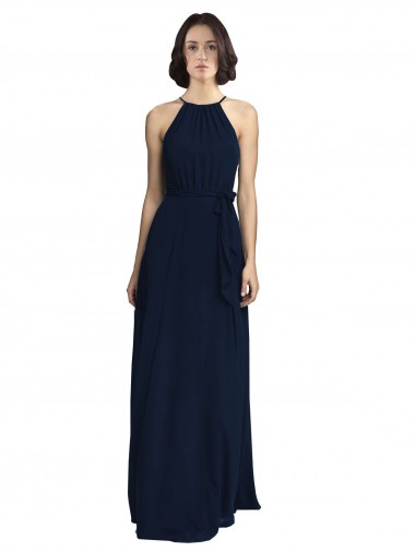 Meilleures Bleu marine foncé Trapèze Licou Col Haut Mousseline Longue Robes demoiselle d'honneur
