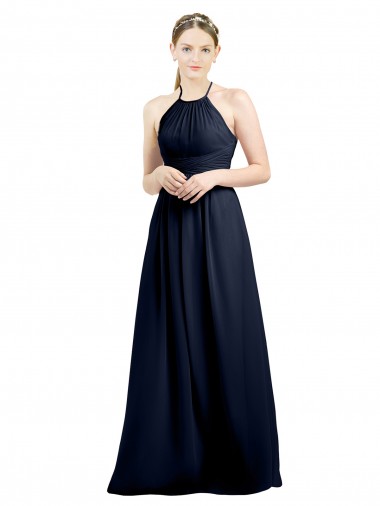 Meilleures Bleu marine foncé Trapèze Licou Col Haut Mousseline Longue Robes demoiselle d'honneur