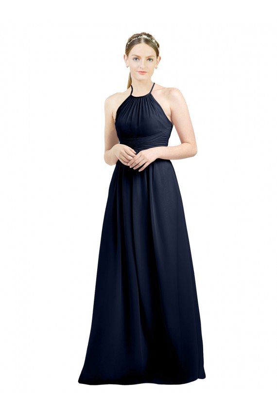 Meilleures Bleu marine foncé Trapèze Licou Col Haut Mousseline Longue Robes demoiselle d'honneur