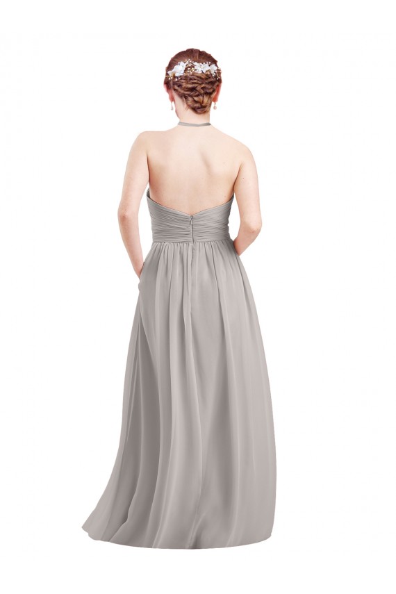 Meilleures Bleu marine foncé Trapèze Licou Col Haut Mousseline Longue Robes demoiselle d'honneur