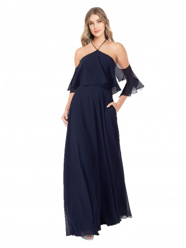 Meilleures Bleu marine foncé Trapèze Licou Col Haut Mousseline Longue Robes demoiselle d'honneur