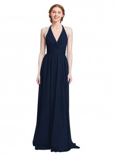 Meilleures Bleu marine foncé Trapèze Licou Col V Mousseline Longue Robes demoiselle d'honneur
