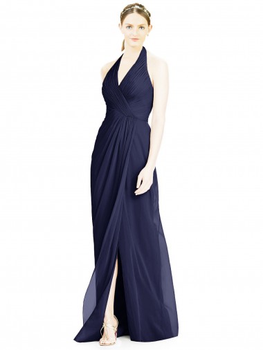 Meilleures Bleu marine foncé Trapèze Licou Col V Mousseline Longue Robes demoiselle d'honneur