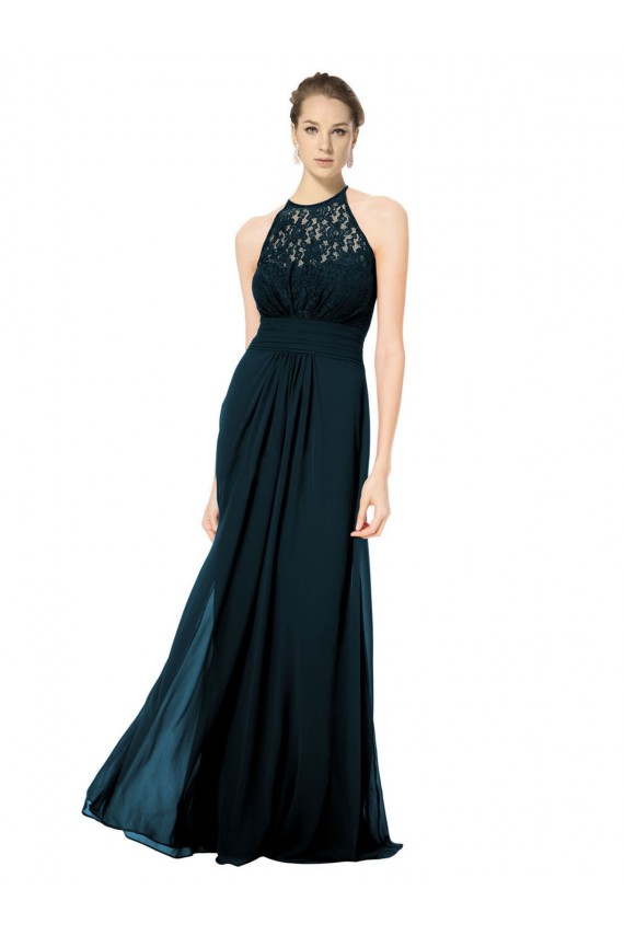Meilleures Bleu marine foncé Trapèze Licou Illusion Mousseline Dentelle Longue Robes demoiselle d'honneur