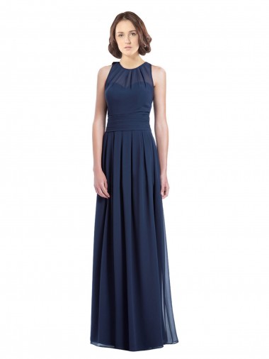 Meilleures Bleu marine foncé Trapèze Licou Mousseline Longue Robes demoiselle d'honneur