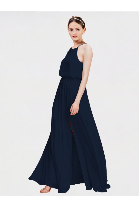 Meilleures Bleu marine foncé Trapèze Licou Mousseline Longue Robes demoiselle d'honneur