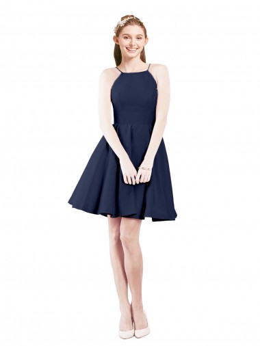 Meilleures Bleu marine foncé Trapèze Licou Satiné Courte Robes demoiselle d'honneur / Robes de cocktail